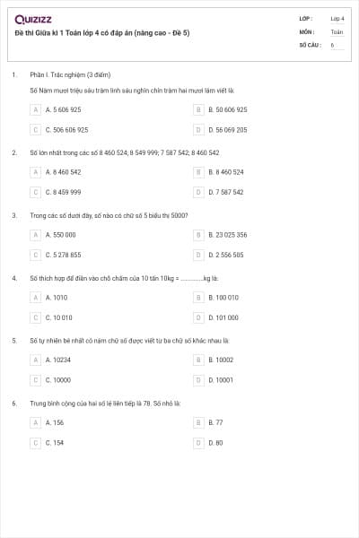 Đề thi Giữa kì 1 Toán lớp 4 có đáp án (nâng cao - Đề 5)