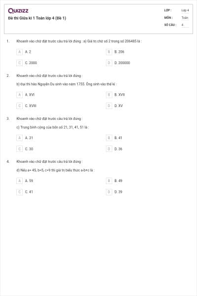 Đề thi Giữa kì 1 Toán lớp 4 (Đề 1)