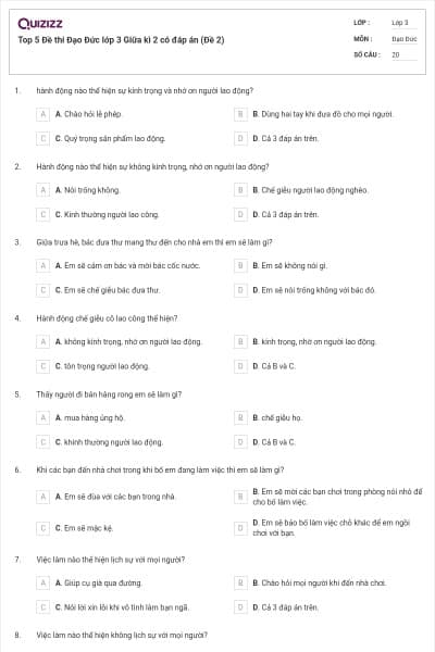 Top 5 Đề thi Đạo Đức lớp 3 Giữa kì 2 có đáp án (Đề 2)
