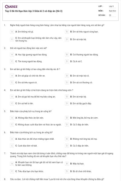 Top 5 Đề thi Đạo Đức lớp 3 Giữa kì 2 có đáp án (Đề 3)