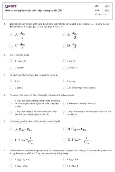 100 câu trắc nghiệm Điện tích - Điện trường cơ bản (P5)