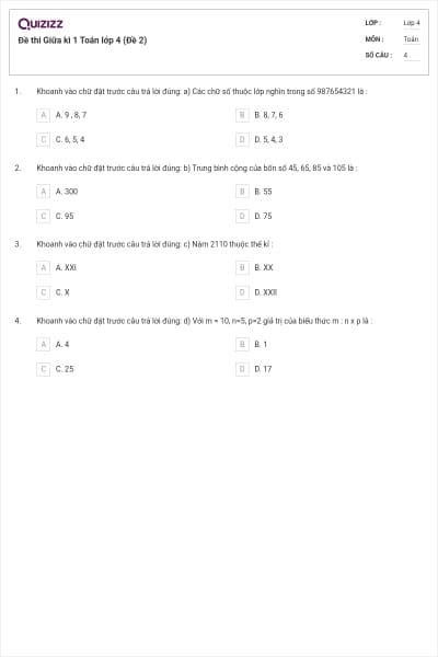 Đề thi Giữa kì 1 Toán lớp 4 (Đề 2)
