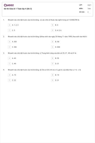 Đề thi Giữa kì 1 Toán lớp 4 (Đề 3)