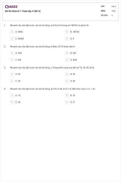 Đề thi Giữa kì 1 Toán lớp 4 (Đề 5)