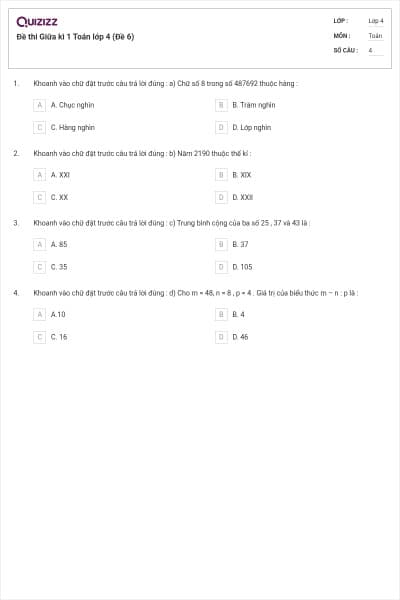 Đề thi Giữa kì 1 Toán lớp 4 (Đề 6)