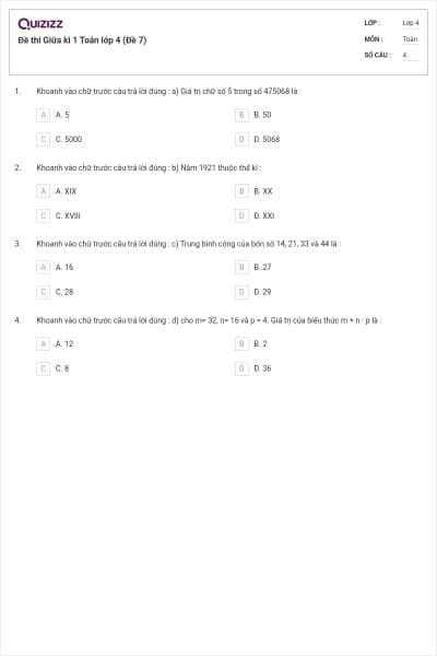 Đề thi Giữa kì 1 Toán lớp 4 (Đề 7)