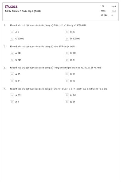 Đề thi Giữa kì 1 Toán lớp 4 (Đề 8)