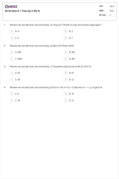 Đề thi Giữa kì 1 Toán lớp 4 (Đề 9)