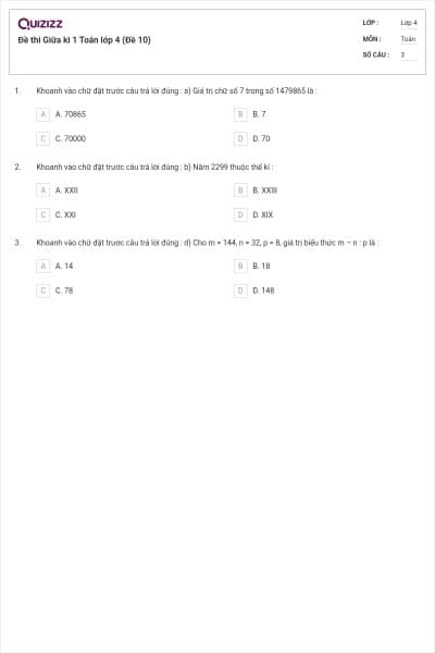 Đề thi Giữa kì 1 Toán lớp 4 (Đề 10)