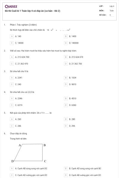 Đề thi Cuối kì 1 Toán lớp 4 có đáp án (cơ bản - Đề 2)