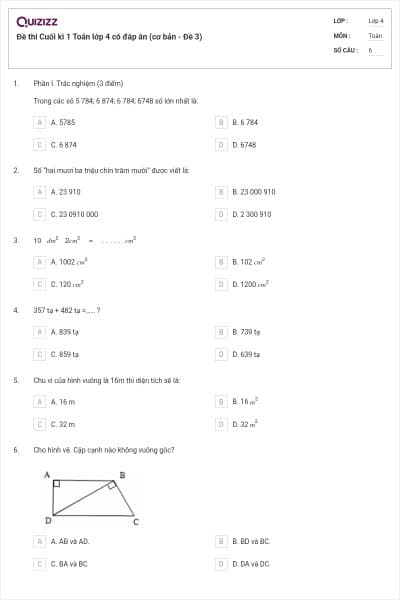 Đề thi Cuối kì 1 Toán lớp 4 có đáp án (cơ bản - Đề 3)