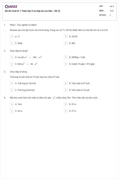 Đề thi Cuối kì 1 Toán lớp 4 có đáp án (cơ bản - Đề 5)