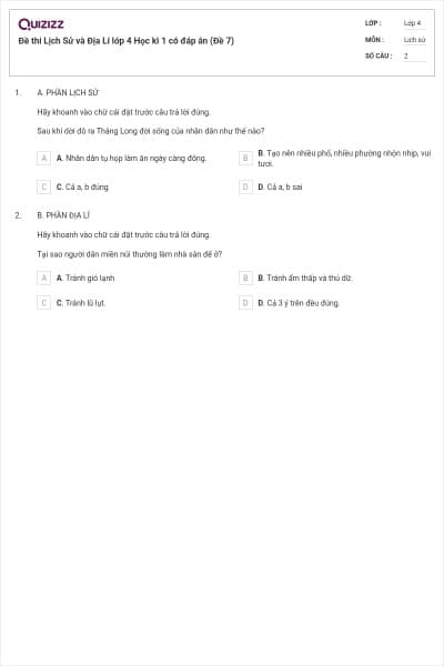 Đề thi Lịch Sử và Địa Lí lớp 4 Học kì 1 có đáp án (Đề 7)
