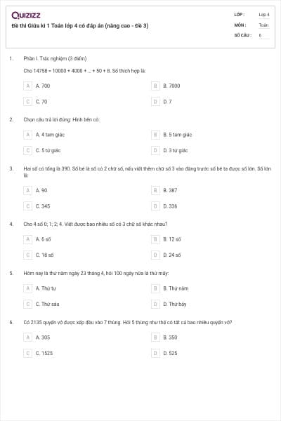 Đề thi Giữa kì 1 Toán lớp 4 có đáp án (nâng cao - Đề 3)