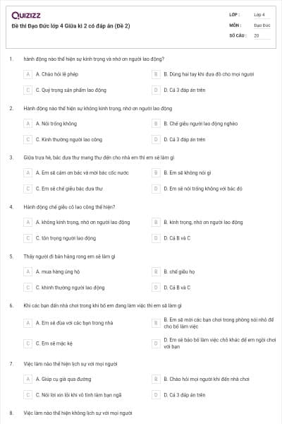 Đề thi Đạo Đức lớp 4 Giữa kì 2 có đáp án (Đề 2)
