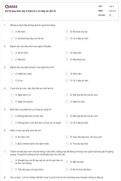 Đề thi Đạo Đức lớp 4 Giữa kì 2 có đáp án (Đề 5)