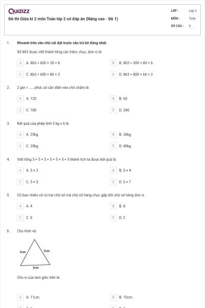 Đề thi Giữa kì 2 môn Toán lớp 2 có đáp án (Nâng cao - Đề 1)