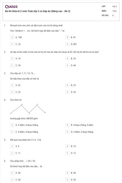 Đề thi Giữa kì 2 môn Toán lớp 2 có đáp án (Nâng cao - Đề 2)
