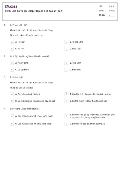 Đề thi Lịch Sử và Địa Lí lớp 4 Học kì 1 có đáp án (Đề 9)