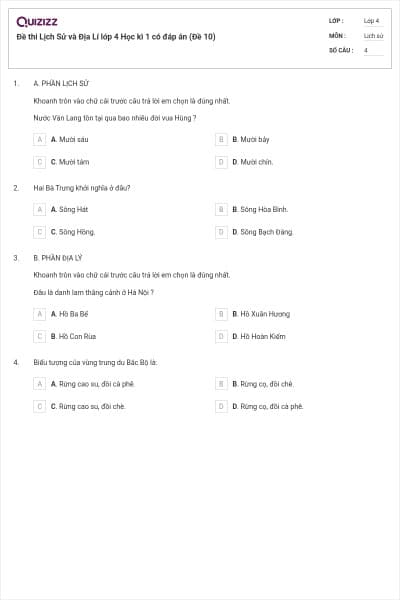 Đề thi Lịch Sử và Địa Lí lớp 4 Học kì 1 có đáp án (Đề 10)