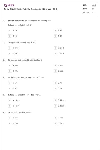 Đề thi Giữa kì 2 môn Toán lớp 2 có đáp án (Nâng cao - Đề 4)