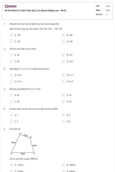 Đề thi Giữa kì 2 môn Toán lớp 2 có đáp án (Nâng cao - Đề 5)