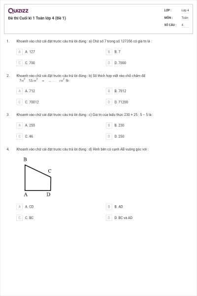 Đề thi Cuối kì 1 Toán lớp 4 (Đề 1)