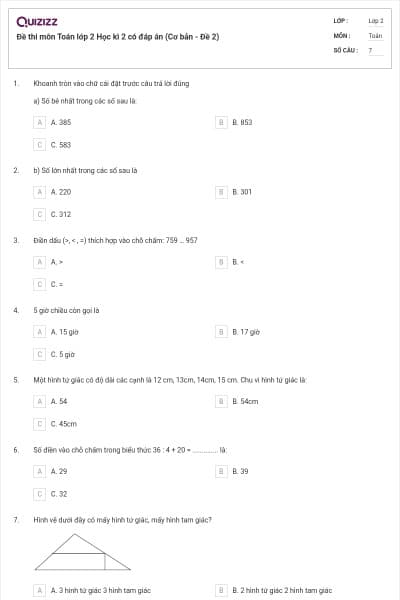 Đề thi môn Toán lớp 2 Học kì 2 có đáp án (Cơ bản - Đề 2)