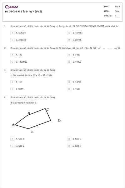 Đề thi Cuối kì 1 Toán lớp 4 (Đề 2)