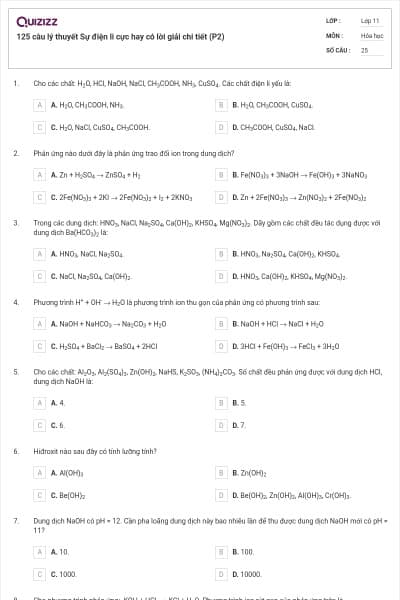 125 câu lý thuyết Sự điện li cực hay có lời giải chi tiết (P2)