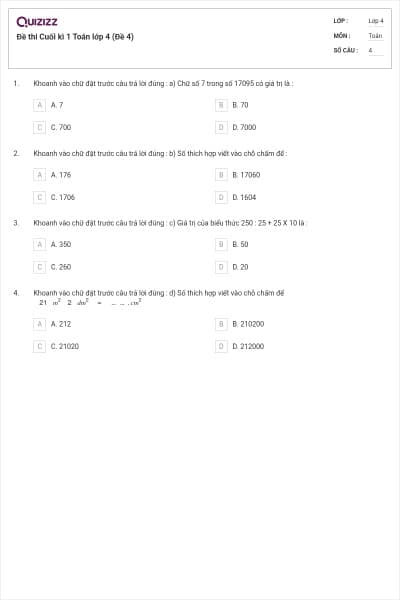 Đề thi Cuối kì 1 Toán lớp 4 (Đề 4)
