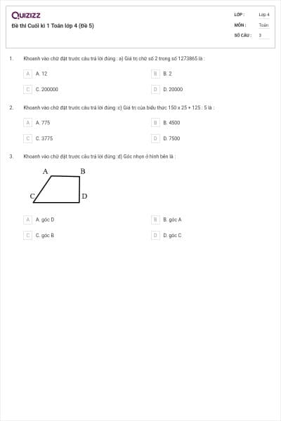 Đề thi Cuối kì 1 Toán lớp 4 (Đề 5)