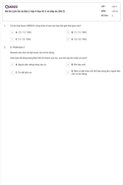 Đề thi Lịch Sử và Địa Lí lớp 4 Học kì 2 có đáp án (Đề 2)