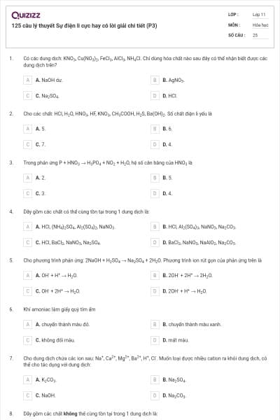 125 câu lý thuyết Sự điện li cực hay có lời giải chi tiết (P3)