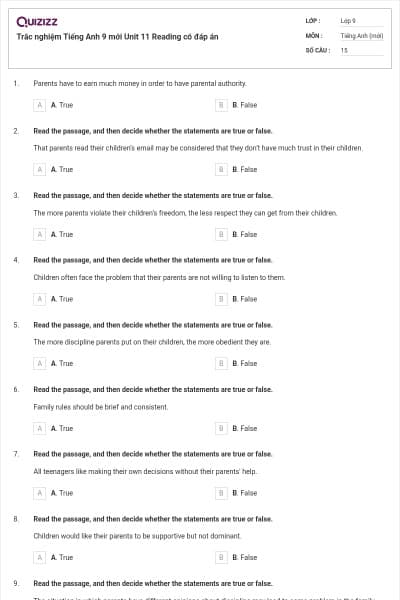 Trắc nghiệm Tiếng Anh 9 mới Unit 11 Reading có đáp án