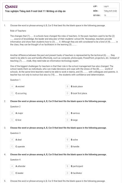 Trắc nghiệm Tiếng Anh 9 mới Unit 11 Writing có đáp án