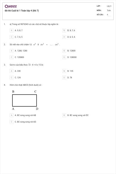 Đề thi Cuối kì 1 Toán lớp 4 (Đề 7)