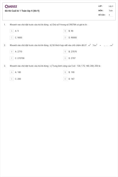 Đề thi Cuối kì 1 Toán lớp 4 (Đề 9)