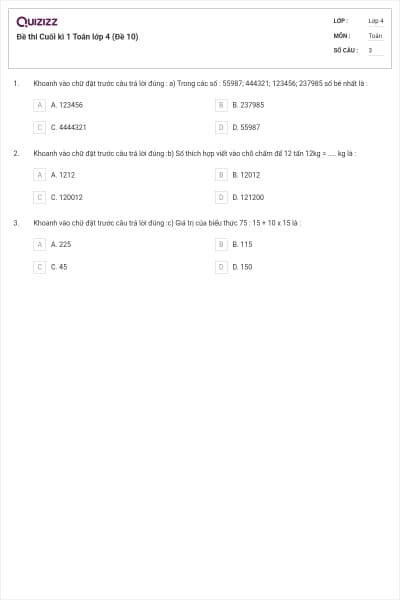 Đề thi Cuối kì 1 Toán lớp 4 (Đề 10)