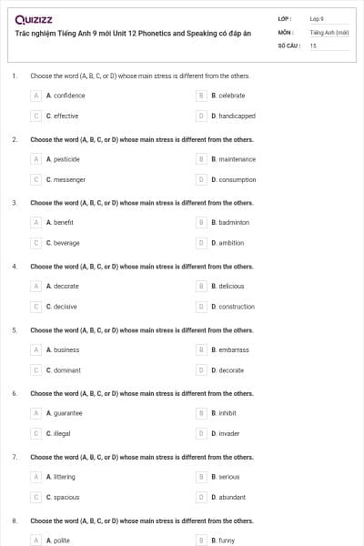 Trắc nghiệm Tiếng Anh 9 mới Unit 12 Phonetics and Speaking có đáp án
