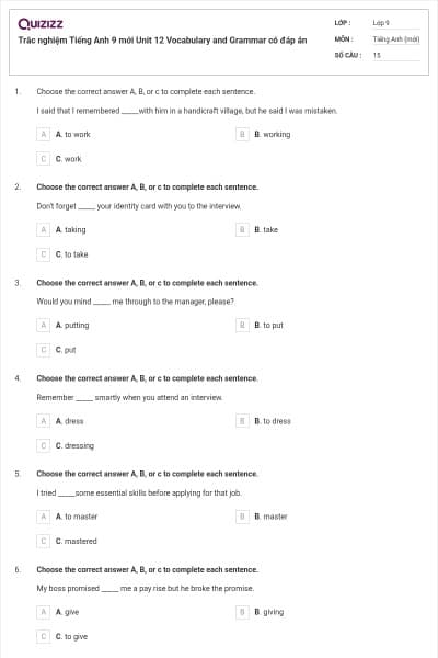 Trắc nghiệm Tiếng Anh 9 mới Unit 12 Vocabulary and Grammar có đáp án