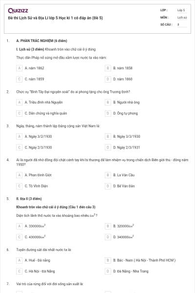 Đề thi Lịch Sử và Địa Lí lớp 5 Học kì 1 có đáp án (Đề 5)