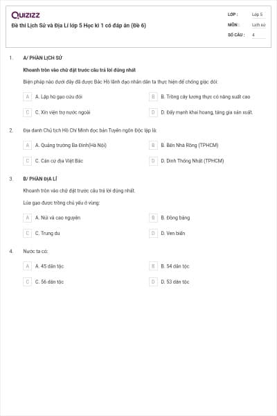 Đề thi Lịch Sử và Địa Lí lớp 5 Học kì 1 có đáp án (Đề 6)