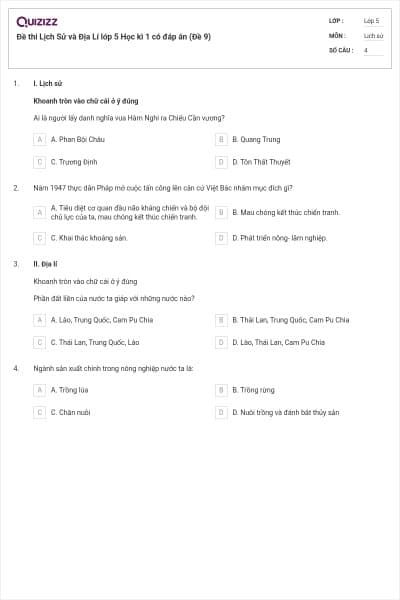 Đề thi Lịch Sử và Địa Lí lớp 5 Học kì 1 có đáp án (Đề 9)