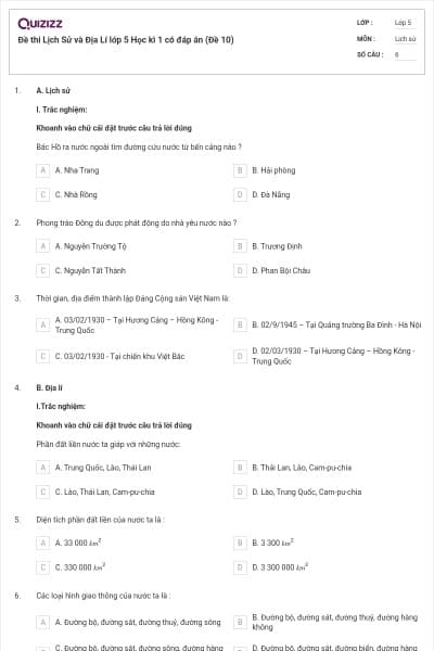 Đề thi Lịch Sử và Địa Lí lớp 5 Học kì 1 có đáp án (Đề 10)