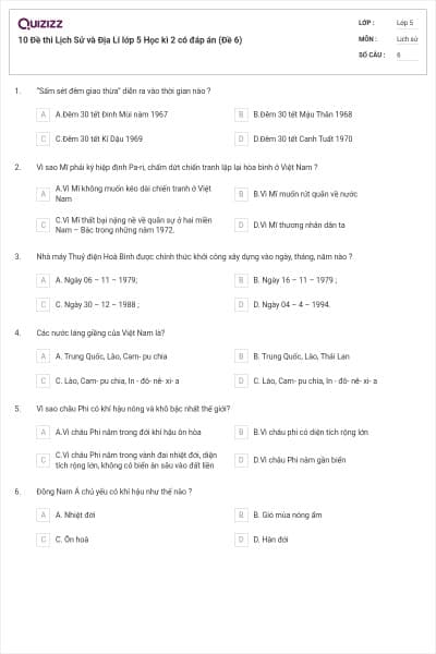 10 Đề thi Lịch Sử và Địa Lí lớp 5 Học kì 2 có đáp án (Đề 6)