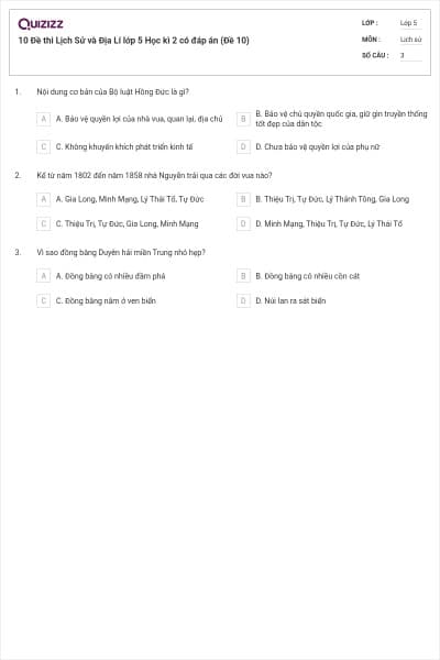 10 Đề thi Lịch Sử và Địa Lí lớp 5 Học kì 2 có đáp án (Đề 10)