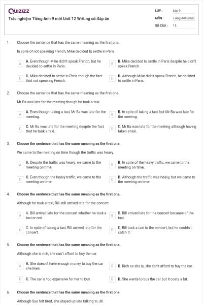 Trắc nghiệm Tiếng Anh 9 mới Unit 12 Writing có đáp án