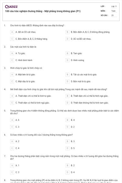 100 câu trắc nghiệm Đường thẳng - Mặt phẳng trong không gian (P1)
