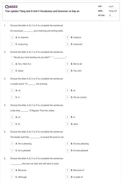 Trắc nghiệm Tiếng Anh 8 Unit 5 Vocabulary and Grammar có đáp án